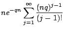 $\displaystyle n e^{-qn} \sum_{j=1}^{\infty} \frac{(nq)^{j-1}}{(j-1)!}$